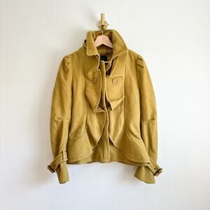 BCBGMAXAZRIA Wool-Cashmere Ruffle Zip Up Pea Coat Green Ochre S